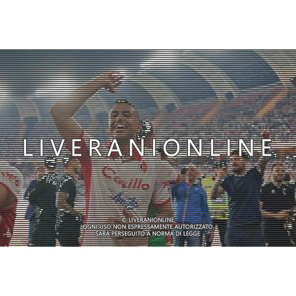 Waild Cheddira (SSC Bari) celebrates the victory during the Italian Serie B Playoffs match SSC Bari vs FC Sudtirol on June 02, 2023 at the San Nicola stadium in Bari, Italy. Photo by Emmanuele Mastrodonato/ag. Aldo Liverani sas