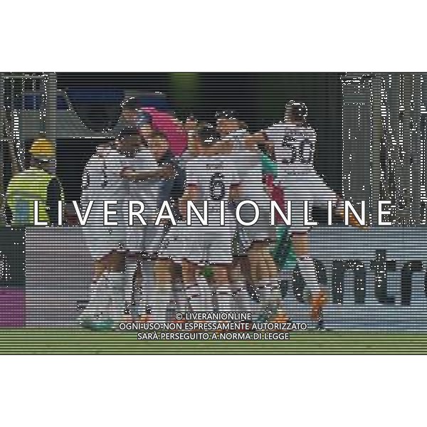 Joshua Zirkzee (Bologna FC) celebrates after scoring a goal with teammates during the Italian soccer Serie A match US Lecce vs Bologna FC on June 04, 2023 at Via del Mare Stadium in Lecce, Italy. Photo by Emmanuele Mastrodonato/ag. Aldo Liverani sas
