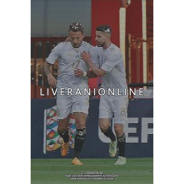 Ciro Immobile (Italy) celebrates after scoring a goal with Jorginho (Italy) during the UEFA Nations League 2022/23 semifinal match between Spain and Italy at FC Twente Stadium on June 15, 2023 in Enschede, Netherland. Photo by Emmanuele Mastrodonato/ag. Aldo Liverani sas