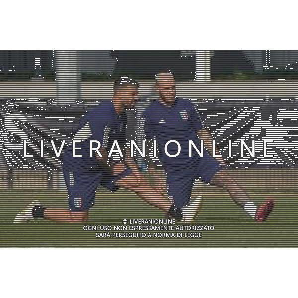 Leonardo Spinazzola (Italy) and Federico Dimarco (Italy) during the Training Session of Italy on June 17, 2023 at Kvv Quick\'20, in Oldenzaal, Netherlands ©Emmanuele Mastrodonato / AG ALDO LIVERANI SAS