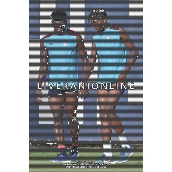 13-7-2023. Pre Ritiro campionato Cagliari Calcio, stagione serie A italiana 2023/2024, centro sportivo Asseminello, Assemini (Cagliari). Foto Salvatore Moi/Agenzia Aldo Liverani sas. Nella foto: Zito Luvumbo Cagliari, Antoine Makoumbou Cagliari ©MOI SALVATORE / AGENZIA ALDO LIVERANI SAS