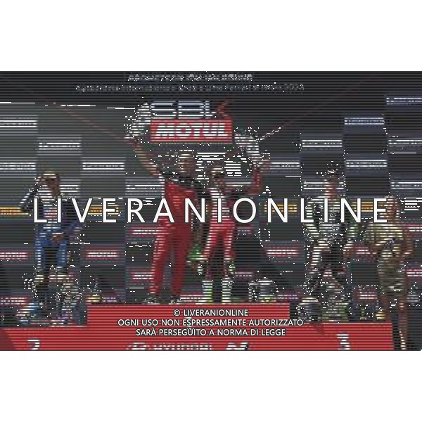 IMOLA 15 07 2023 AUTODROMO ENZO E DINO FERRARI CAMPIONATO DEL MONDO SUPERBIKE GARA 1 VINCITORE ALVARO BAUTISTA DUCATI NELLA FOTO VINCITORE ALVARO BAUTISTA,SECONDO TOPRAK RAZGATLIOGLU E TERZO JONAYHAN REA ©SANNA/AGENZIA ALDO LIVERANI SAS
