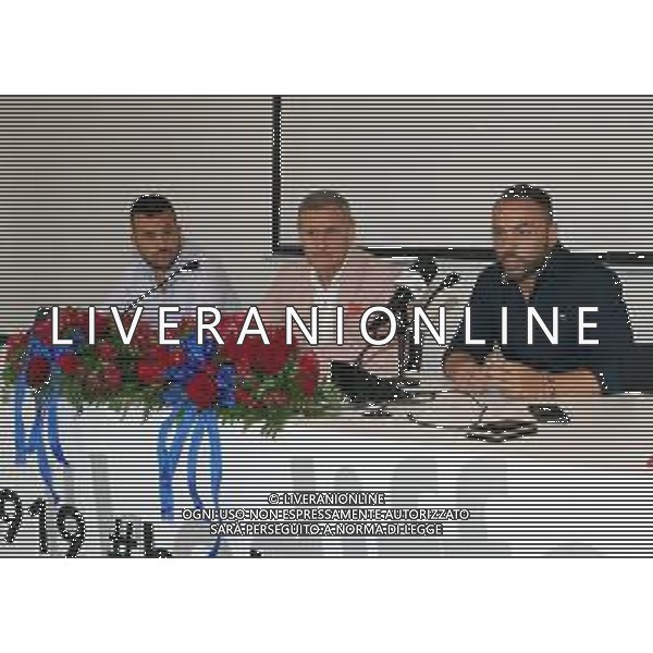 IMOLA 19 07 2023 IMOLESE CALCIO SERIE D CONFERENZA STAMPA PRESENTAZIONE DELLA NUOVA SOCIETA\' NELLA FOTO SINDACO MARCO PANIERI, PRESIDENTE DELL\'IMOLESE CALCIO DOMENICO ALTOMONTE E DIRETTORE GENERALE DELL\'IMOLESE CALCIO ULISSE SAVINI ©SANNA/Agenzia Aldo Liverani Sas