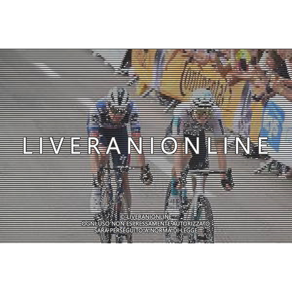 21-07-2023 Tour De France; Tappa 19 Moirans En Montagne - Poligny; 2023, Bahrain - Victorious; 2023, Soudal - Quickstep; Mohoric, Matej; Asgreen, Kasper; Poligny; ©SIROTTI / AGENZIA ALDO LIVERANI SAS