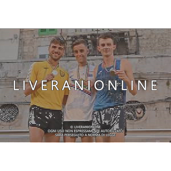 TVRG Campionati Italiani Atletica 10 Km marcia maschile nella foto il podio da SX Riccardo Orsoni 2o, Francesco Fortunato 1o e Andrea Cosi 3o Campionati Italiani assoluti di Atletica Leggera Molfetta (BA) 28-07-2023 Stadio comunale Mario Saverio Cozzoli foto Roberto Garavaglia/ag. Aldo Liverani sas