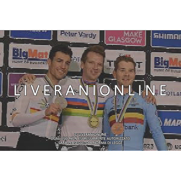09-08-2023 World Championships Elite Track; Giornata 07; 2023, New Zealand; 2023, Spain; 2023, Belgium; Gate, Aaron; Torres Barcelo, Albert; Van Den Bossche, Fabio; Glasgow - Sir Chris Hoy Velodrome; ©SIROTTI/AGENZIA ALDO LIVERANI SAS