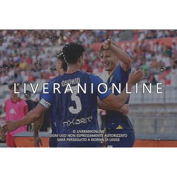 Adrian Benedyczak (Parma Calcio) celebrates after scoring a goal with Yordan Osorio (Parma Calcio) during the Coppa Italia Round of 32 match between SSC Bari and Parma Calcio at stadio San Nicola on August 12, 2023 in Bari, Italy. (Photo by Emmanuele Mastrodonato/ag. Aldo Liverani sas)