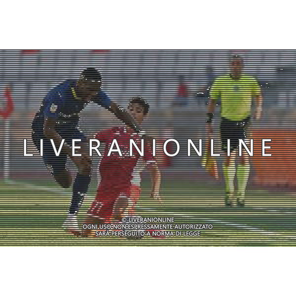 Ange-Yoan Bonny (Parma Calcio) and Gregorio Morachioli (SSC Bari) during the Coppa Italia Round of 32 match between SSC Bari and Parma Calcio at stadio San Nicola on August 12, 2023 in Bari, Italy. (Photo by Emmanuele Mastrodonato/ag. Aldo Liverani sas)
