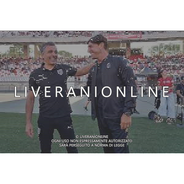 coach Fabio Pecchia (Parma Calcio) and coach Michele Mignani (SSC Bari) during the Coppa Italia Round of 32 match between SSC Bari and Parma Calcio at stadio San Nicola on August 12, 2023 in Bari, Italy. (Photo by Emmanuele Mastrodonato/ag. Aldo Liverani sas)