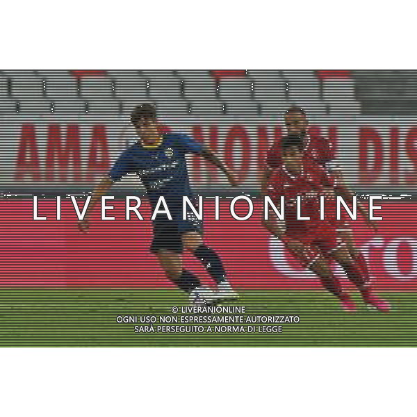 Adrian Bernabé (Parma Calcio) and Gregorio Morachioli (SSC Bari) during the Coppa Italia Round of 32 match between SSC Bari and Parma Calcio at stadio San Nicola on August 12, 2023 in Bari, Italy. (Photo by Emmanuele Mastrodonato/ag. Aldo Liverani sas)