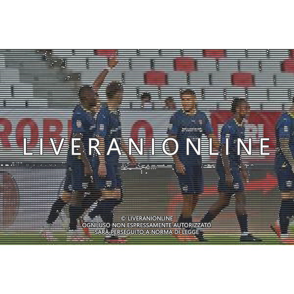 Ange-Yoan Bonny (Parma Calcio) celebrates after scoring a goal with teammates during the Coppa Italia Round of 32 match between SSC Bari and Parma Calcio at stadio San Nicola on August 12, 2023 in Bari, Italy. (Photo by Emmanuele Mastrodonato/ag. Aldo Liverani sas)