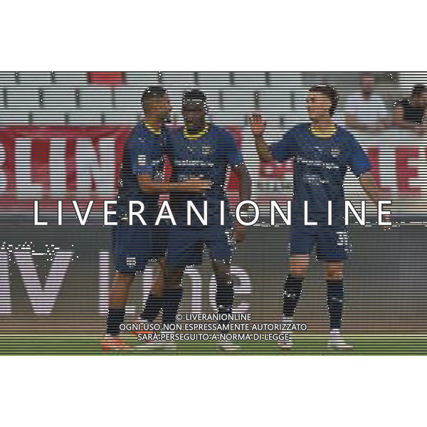 Ange-Yoan Bonny (Parma Calcio) celebrates after scoring a goal with teammates during the Coppa Italia Round of 32 match between SSC Bari and Parma Calcio at stadio San Nicola on August 12, 2023 in Bari, Italy. (Photo by Emmanuele Mastrodonato/ag. Aldo Liverani sas)