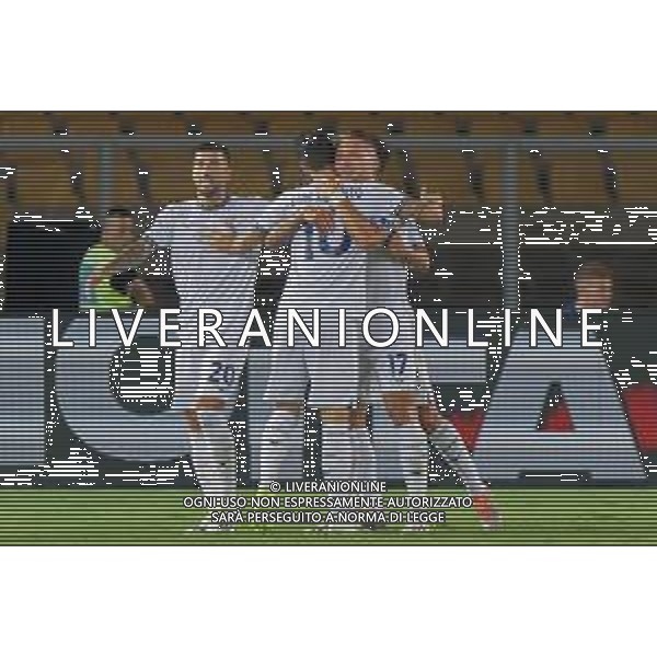 Ciro Immobile (S.S. Lazio) celebrates after scoring a goal with Luis Alberto (S.S. Lazio) during the Italian soccer Serie A match US Lecce vs SS Lazio on August 20, 2023 at Via del Mare Stadium in Lecce, Italy. Photo by Emmanuele Mastrodonato/ag. Aldo Liverani sas