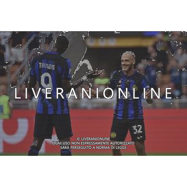 Inter vs Fiorentina nella foto Marcus Thuram (Inter) e Federico Dimarco (Inter) esultano dopo il gol dell\'1 a 0 Milano 03-09-2023 Stadio Giuseppe Meazza - San Siro Campionato Serie A TIM - 3a giornata foto Roberto Garavaglia/ag. Aldo Liverani sas