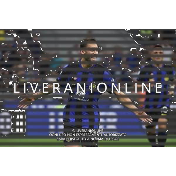 Inter vs Fiorentina nella foto Hakan Calhanoglu (Inter) esulta dopo il gol del 3 a 0 Milano 03-09-2023 Stadio Giuseppe Meazza - San Siro Campionato Serie A TIM - 3a giornata foto Roberto Garavaglia/ag. Aldo Liverani sas/ AGENZIA ALDO LIVERANI SAS
