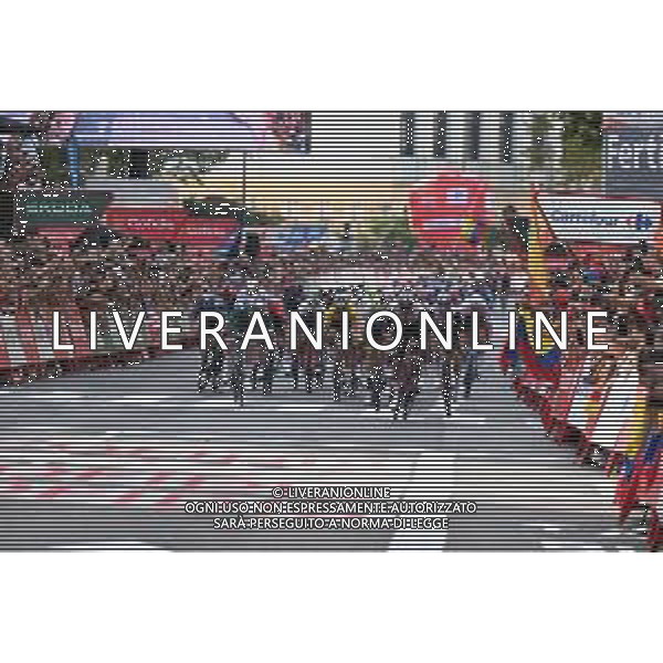 07-09-2023 Vuelta A Espana; Tappa 12 Olvega - Zaragoza; 2023, Uae Emirates; 2023, Caja Rural - Seguros Rga; 2023, Alpecin - Deceuninck; Molano, Sebastian; Aular Sanabria, Orluis; Groves, Kaden; Zaragoza; ©SIROTTI / AGENZIA ALDO LIVERANI SAS