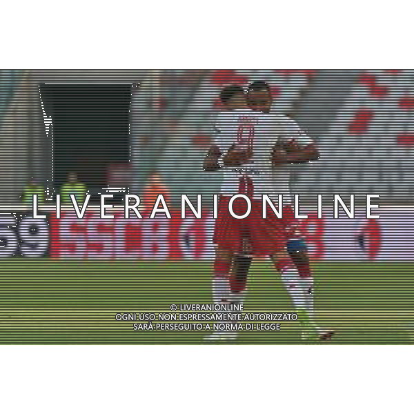 Davide Diaw (SSC Bari) celebrates after scoring a goal with Marco Nasti (SSC Bari) during the Italian Serie B match SSC Bari vs Como 1907 on October 01,, 2023 at the San Nicola stadium in Bari, Italy. Photo by Emmanuele Mastrodonato/ag. Aldo Liverani sas