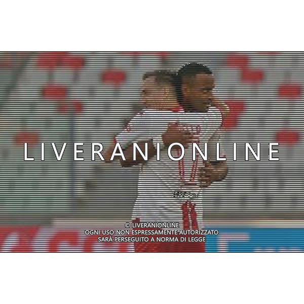 Davide Diaw (SSC Bari) celebrates after scoring a goal with Raffaele Maiello (SSC Bari) during the Italian Serie B match SSC Bari vs Como 1907 on October 01,, 2023 at the San Nicola stadium in Bari, Italy. Photo by Emmanuele Mastrodonato/ag. Aldo Liverani sas