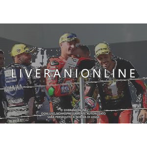 IMOLA 08 10 2023 AUTODROMO ENZO E DINO FERRARI CAMPIONATO ITALIANO VELOCITA\' SUPERBIKE GARA DUE VINTA DA ALESSANDRO DELBIANCO LORENZO ZANETTI CAMPIONE ITALIANO NELLA FOTO LUCA BERNARDI E ALESSANDRO DELBIANCO FESTEGGIANO CON IL NUOVO CAMPIONE ITALIANO LORENZO ZANETTI FOTO GIANNI SANNA-AG ALDO LIVERANI SAS
