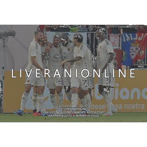 8-10-2023. Cagliari calcio-A.S. Roma. 8° giornata campionato calcio italiano Serie A 2023/2024, Stadio Unipol Domus Cagliari. Foto Salvatore Moi/Agenzia Aldo Liverani s.a.s. Nella foto: Gol ed esultanza Roma in trasferta contro il Cagliari, nello stadio Unipol Domus di Cagliari. Segna: Houssem Aouar Roma ©MOI SALVATORE / AGENZIA ALDO LIVERANI SAS