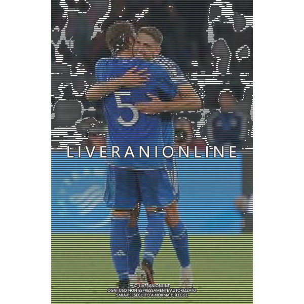 Domenico Berardi of Italy celebrates after scoring a goal with Manuel Locatelli of Italy during the UEFA EURO 2024 European qualifier match between Italy and Malta at Stadio San Nicola on October 14, 2023 in Bari, Italy. Photo by Emmanuele Mastrodonato/ag. Aldo Liverani sas