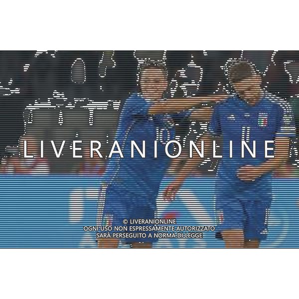 Domenico Berardi of Italy celebrates after scoring a goal with Giacomo Raspadori of Italy during the UEFA EURO 2024 European qualifier match between Italy and Malta at Stadio San Nicola on October 14, 2023 in Bari, Italy. Photo by Emmanuele Mastrodonato/ag. Aldo Liverani sas