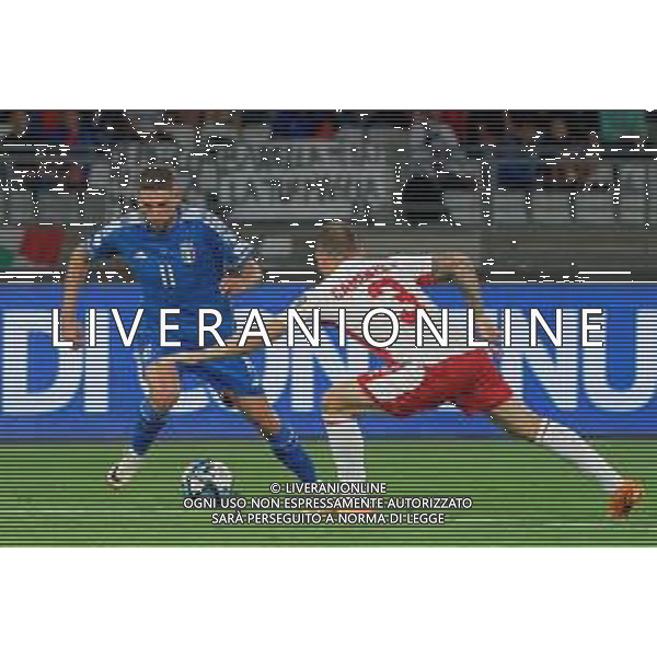 Domenico Berardi of Italy and Ryan Camenzuli of Malta during the UEFA EURO 2024 European qualifier match between Italy and Malta at Stadio San Nicola on October 14, 2023 in Bari, Italy. Photo by Emmanuele Mastrodonato/ag. Aldo Liverani sas