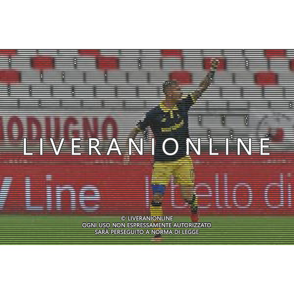 Jacopo Manconi of Modena FC celebrates after scoring a goal during the Italian Serie B match SSC Bari vs Modena FC on October 21, 2023 at the San Nicola stadium in Bari, Italy. Photo by Emmanuele Mastrodonato/ag. Aldo Liverani sas