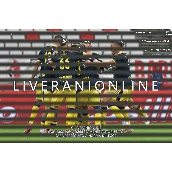 Jacopo Manconi of Modena FC celebrates after scoring a goal with teammates during the Italian Serie B match SSC Bari vs Modena FC on October 21, 2023 at the San Nicola stadium in Bari, Italy. Photo by Emmanuele Mastrodonato/ag. Aldo Liverani sas