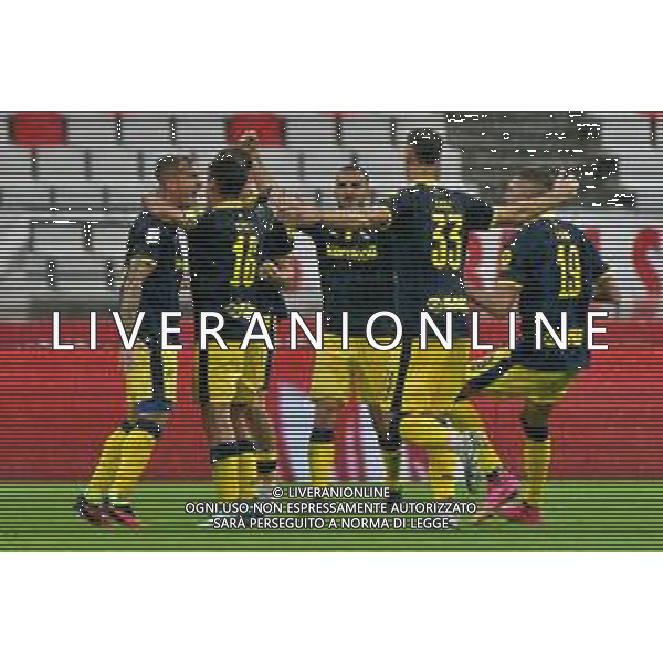 Jacopo Manconi of Modena FC celebrates after scoring a goal with teammates during the Italian Serie B match SSC Bari vs Modena FC on October 21, 2023 at the San Nicola stadium in Bari, Italy. Photo by Emmanuele Mastrodonato/ag. Aldo Liverani sas
