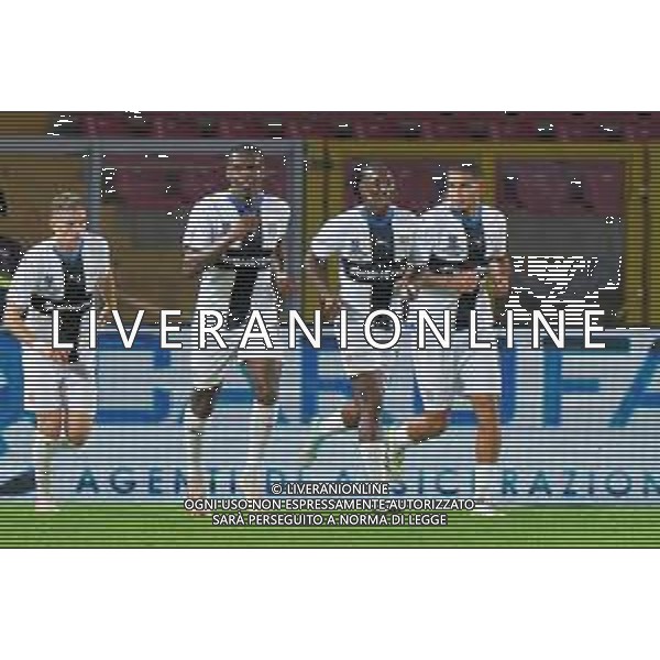 Ange-Yoan Bonny of Parma Calcio celebrates after scoring a goal with teammates during the Coppa Italia round of 16 match between US Lecce and Parma Calcio on November 1, 2023 at Via del Mare Stadium in Lecce, Italy. Photo by Emmanuele Mastrodonato/ag. Aldo Liverani sas