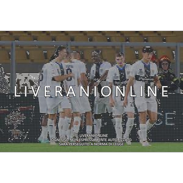 Ange-Yoan Bonny of Parma Calcio celebrates after scoring a goal with teammates during the Coppa Italia round of 16 match between US Lecce and Parma Calcio on November 1, 2023 at Via del Mare Stadium in Lecce, Italy. Photo by Emmanuele Mastrodonato/ag. Aldo Liverani sas