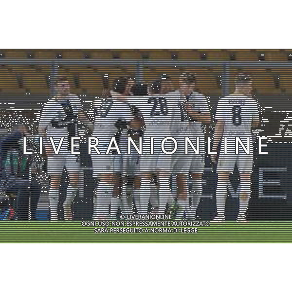 Ange-Yoan Bonny of Parma Calcio celebrates after scoring a goal with teammates during the Coppa Italia round of 16 match between US Lecce and Parma Calcio on November 1, 2023 at Via del Mare Stadium in Lecce, Italy. Photo by Emmanuele Mastrodonato/ag. Aldo Liverani sas