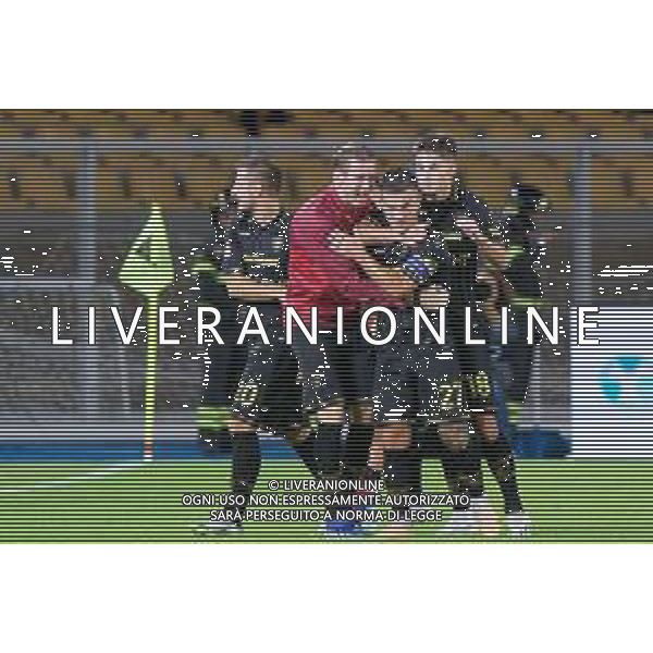 Gabriel Strefezza of US Lecce celebrates after scoring a goal with teammates during the Coppa Italia round of 16 match between US Lecce and Parma Calcio on November 1, 2023 at Via del Mare Stadium in Lecce, Italy. Photo by Emmanuele Mastrodonato/ag. Aldo Liverani sas