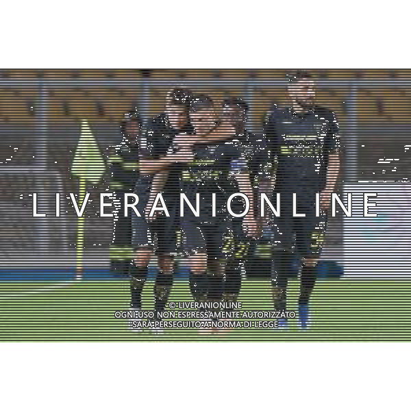 Gabriel Strefezza of US Lecce celebrates after scoring a goal with teammates during the Coppa Italia round of 16 match between US Lecce and Parma Calcio on November 1, 2023 at Via del Mare Stadium in Lecce, Italy. Photo by Emmanuele Mastrodonato/ag. Aldo Liverani sas