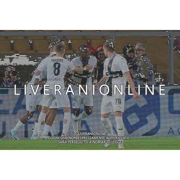 Ange-Yoan Bonny of Parma Calcio celebrates after scoring a goal with teammates during the Coppa Italia round of 16 match between US Lecce and Parma Calcio on November 1, 2023 at Via del Mare Stadium in Lecce, Italy. Photo by Emmanuele Mastrodonato/ag. Aldo Liverani sas