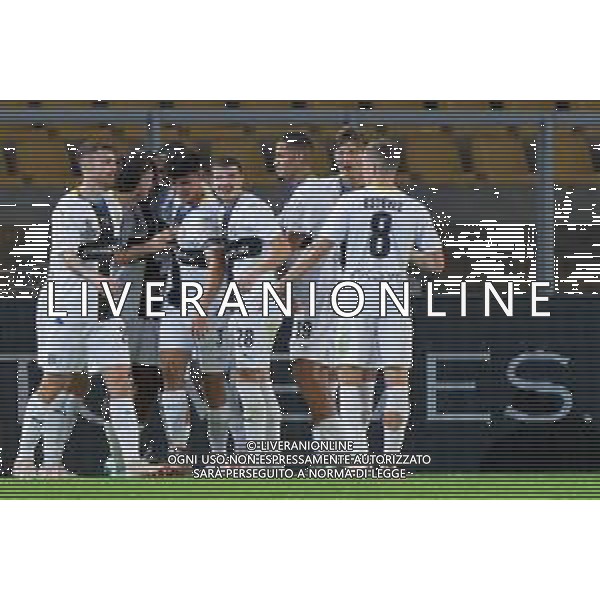 Ange-Yoan Bonny of Parma Calcio celebrates after scoring a goal with teammates during the Coppa Italia round of 16 match between US Lecce and Parma Calcio on November 1, 2023 at Via del Mare Stadium in Lecce, Italy. Photo by Emmanuele Mastrodonato/ag. Aldo Liverani sas