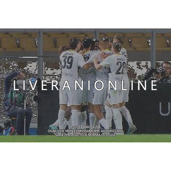 Ange-Yoan Bonny of Parma Calcio celebrates after scoring a goal with teammates during the Coppa Italia round of 16 match between US Lecce and Parma Calcio on November 1, 2023 at Via del Mare Stadium in Lecce, Italy. Photo by Emmanuele Mastrodonato/ag. Aldo Liverani sas