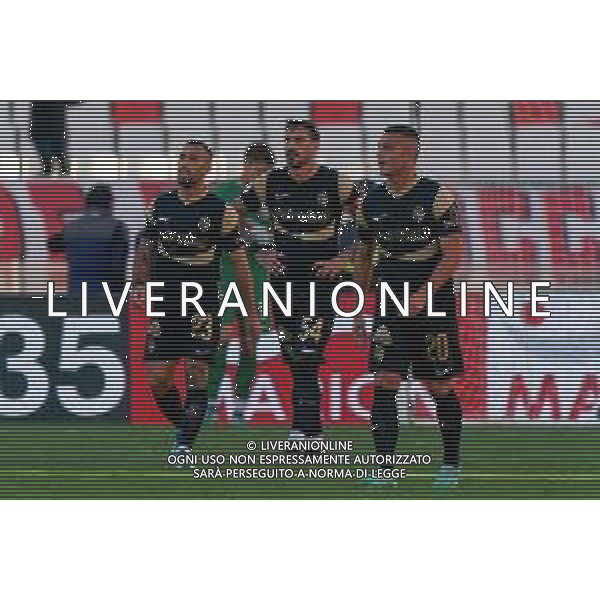 Tommaso Milanese, Nicola Falasco and Marcello Falzerano of Ascoli Calcio during the Italian Serie B match SSC Bari vs Ascoli Calcio on November 4, 2023 at the San Nicola stadium in Bari, Italy. Photo by Emmanuele Mastrodonato/ag. Aldo Liverani sas