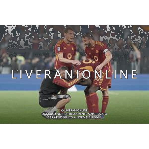 Romelu Lukaku of AS Roma and Paulo Dybala of AS Roma celebrates the victory during the Italian soccer Serie A match AS Roma vs US Lecce on November 5, 2023 at Olympic Stadium in Rome, Italy. Photo by Emmanuele Mastrodonato/ag. Aldo Liverani sas
