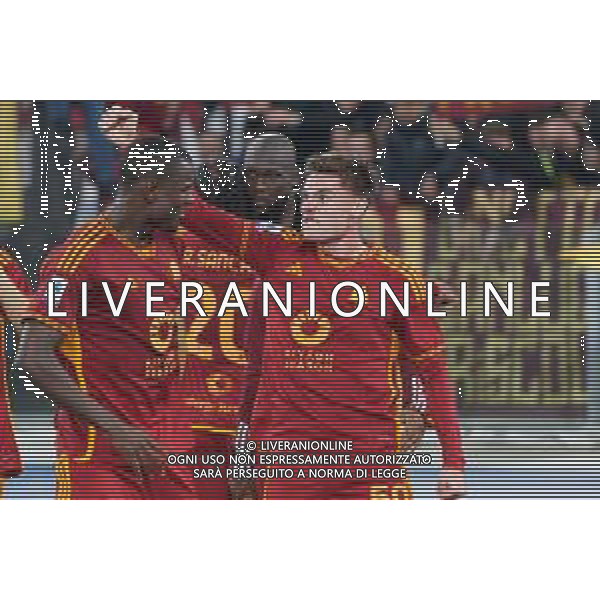 Nicola Zalewski and Evan N\'Dicka of AS Roma celebrates the victory during the Italian soccer Serie A match AS Roma vs US Lecce on November 5, 2023 at Olympic Stadium in Rome, Italy. Photo by Emmanuele Mastrodonato/ag. Aldo Liverani sas