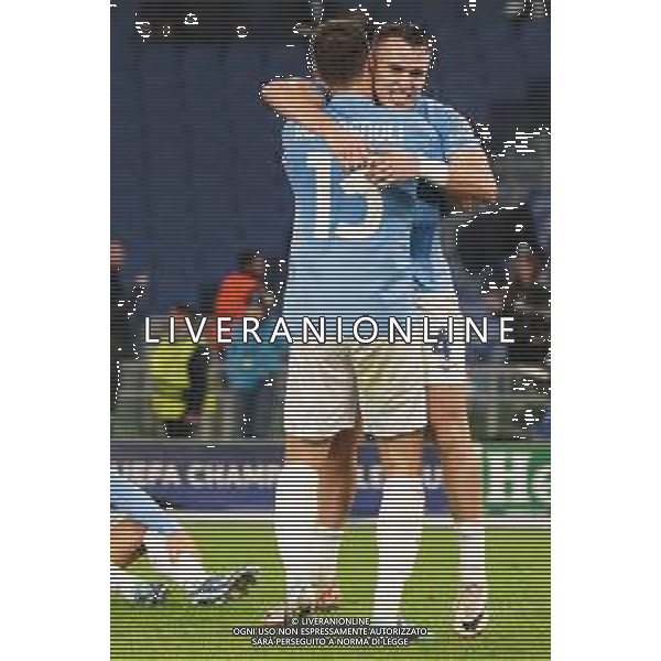 Patric of SS Lazio and Alessio Romagnoli of SS Lazio celebrates the victory during the UEFA Champions League match SS Lazio vs Feyenoord at the Olympic stadium in Rome on November 7, 2023. Photo Emmanuele Mastrodonato/ag. Aldo Liverani sas/AGENZIA ALDO LIVERANI SAS