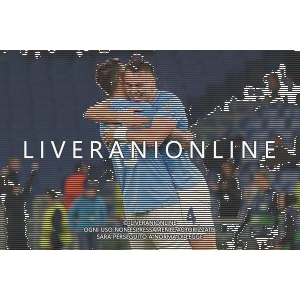 Patric of SS Lazio and Alessio Romagnoli of SS Lazio celebrates the victory during the UEFA Champions League match SS Lazio vs Feyenoord at the Olympic stadium in Rome on November 7, 2023. Photo Emmanuele Mastrodonato/ag. Aldo Liverani sas/AGENZIA ALDO LIVERANI SAS