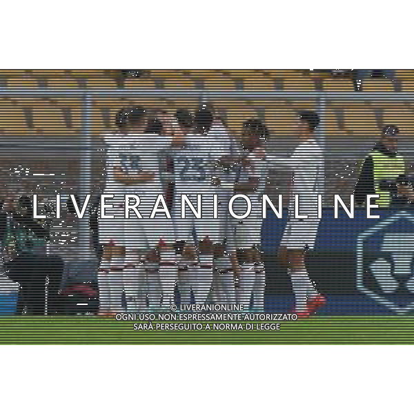 Olivier Giroud of AC Milan celebrates after scoring a goal with teammates during the Italian soccer Serie A match US Lecce vs AC Milan on November 10, 2023 at Via del Mare Stadium in Lecce, Italy. Photo by Emmanuele Mastrodonato/ag. Aldo Liverani sas