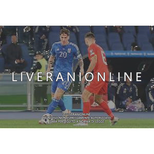 Nicolò Zaniolo of Italy and Visar Musliu of North Macedonia during the UEFA EURO 2024 European qualifier match between Italy and North Macedonia at Stadio Olimpico on November 17, 2023 in Rome, Italy. Photo by Emmanuele Mastrodonato/ag. Aldo Liverani sas