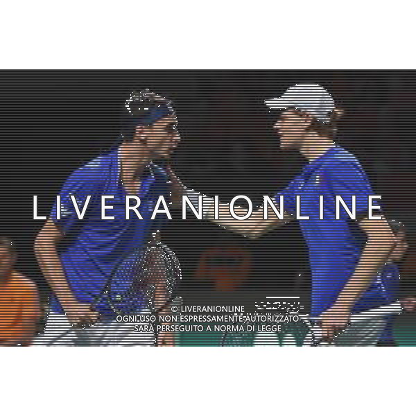 Italia-Olanda 23 Novembre 2023 Final 8 Davis Cup Malaga PalaSport Juan Martin Carpena Nella foto: Lorenzo Sonego e Jannik Sinner FOTO ANDREA ROSITO-AG ALDO LIVERANI SAS