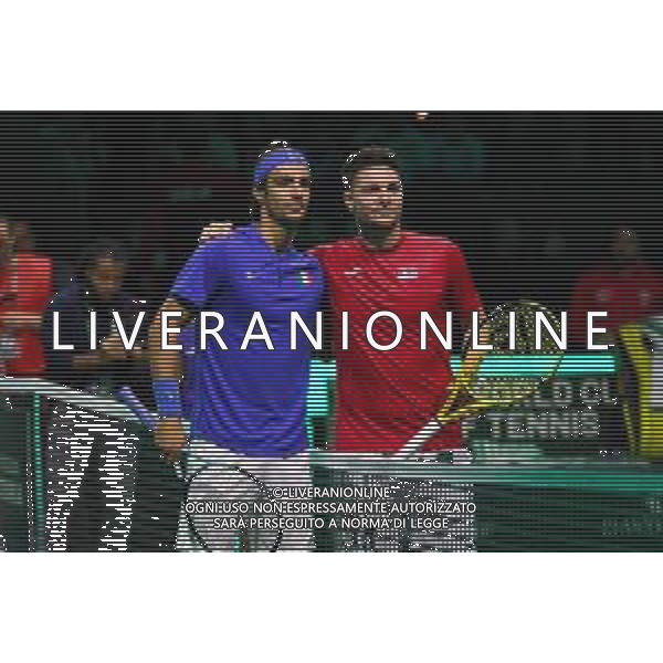 Italia-Serbia 25 Novembre 2023 Final 8 Davis Cup Malaga PalaSport Juan Martin Carpena Nella foto: Lorenzo Musetti e Mionir Kecmanovic foto andrea roeito-ag aldo liverani sas