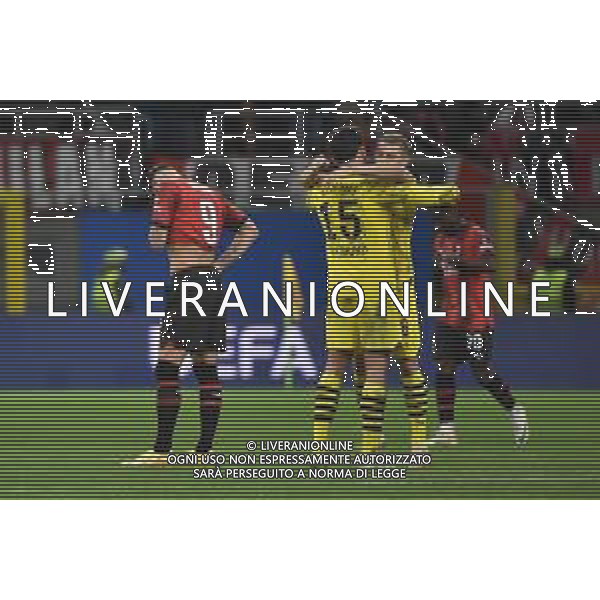 Milan vs Borussia Dortmund nella foto Olivier Giroud (Milan) delusione a fine gara ed esultanza finale Borussia Dortmundn Milano 28-11-2023 Stadio Giuseppe Meazza - San Siro UEFA Champions League fase a gironi 5a giornata - Gruppo F foto Roberto Garavaglia/ag. Aldo Liverani sas/AGENZIA ALDO LIVERANI SAS