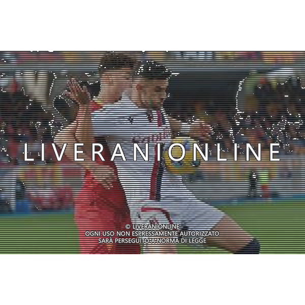 Charalampos Lykogiannis of Bologna FC and Valentin Gendrey of US Lecce during the Italian soccer Serie A match US Lecce vs Bologna FC on December 3, 2023 at Via del Mare Stadium in Lecce, Italy. Photo by Emmanuele Mastrodonato/ag. Aldo Liverani sas