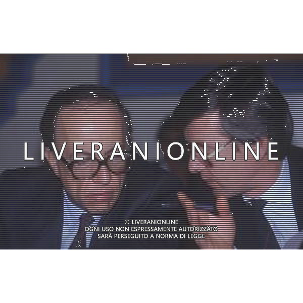 DIAP-RETROSPETTIVA FEDELE CONFALONIERI DIRIGENTE D\'AZIENDA NELLA FOTO FEDELE CONFALONIERI A MILANO NELL\'ANNO 1987 CON MAURIZIO GUCCI AG ALDO LIVERANI SAS